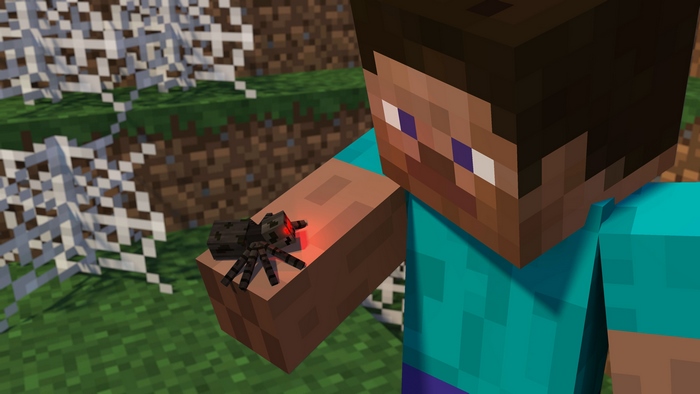 Steve holding a spider in Minecraft
