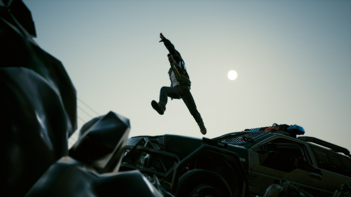 Man jumping over a futuristic vehicle in Cyberpunk 2077