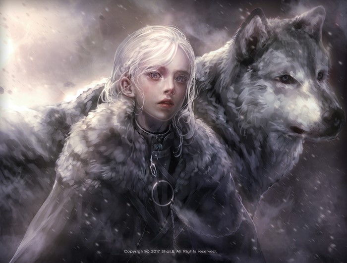 Fantasy girl with white hair and wolf