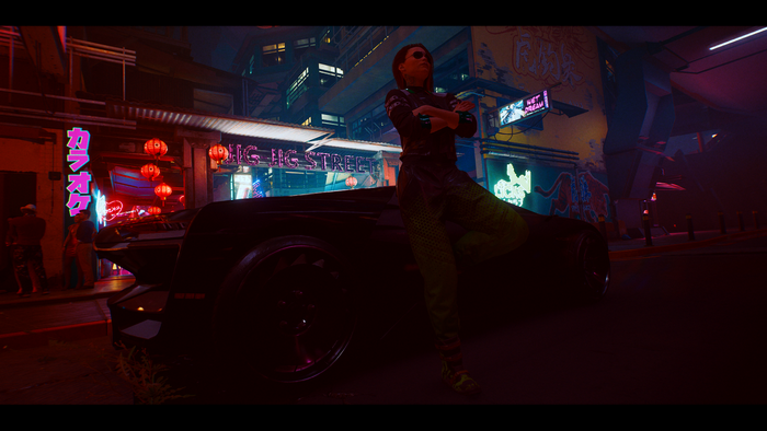 Cyberpunk 2077 screenshot with a woman and a car