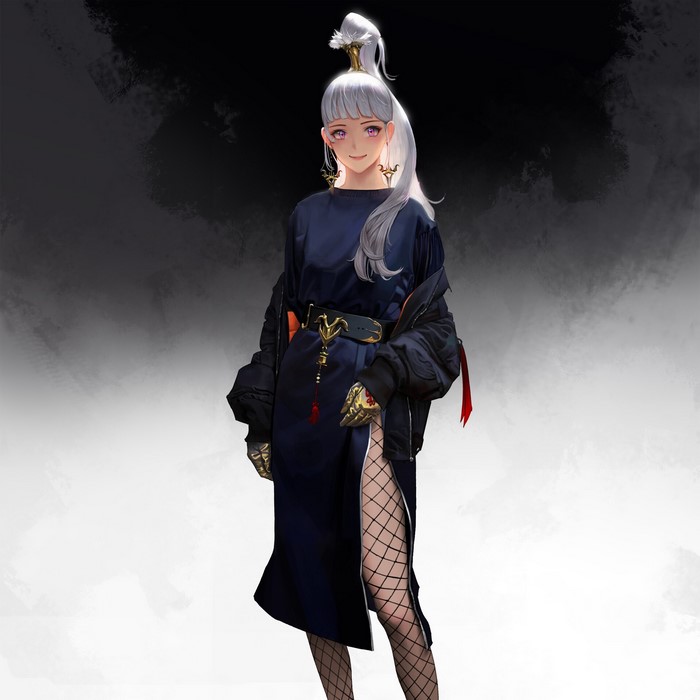 Anime girl with white hair and purple eyes