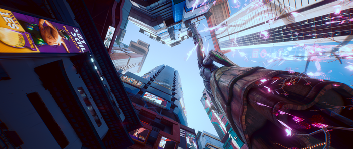 Cyberpunk 2077 bottom view of futuristic city