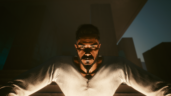 Man with cybernetic implants in Cyberpunk 2077