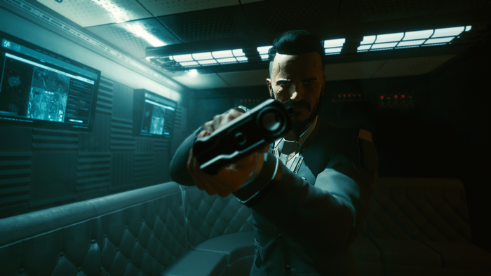 Man with gun in Cyberpunk 2077