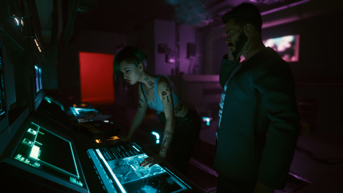 Judy Alvarez from Cyberpunk 2077 at a console