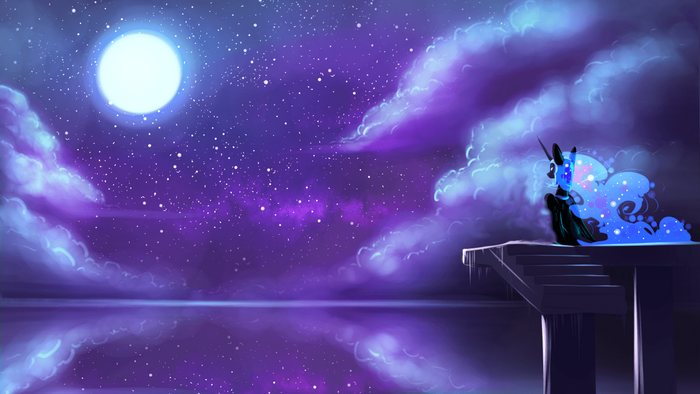 Princess Luna from My Little Pony on a platform under the night sky