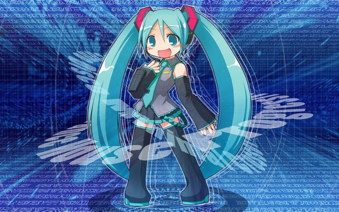 Hatsune Miku from Vocaloid with code background