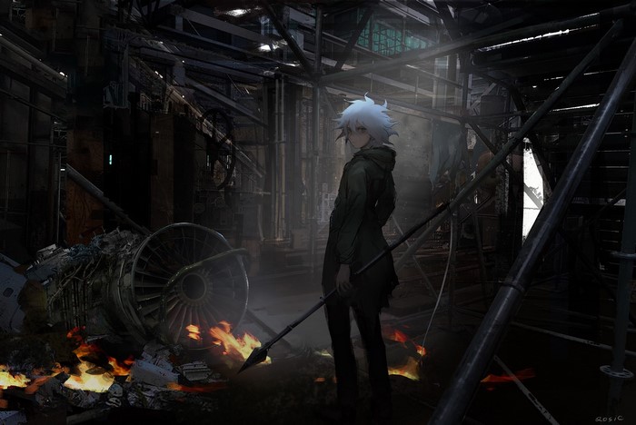 Nagito Komaeda from Danganronpa 2 in a ruined industrial setting