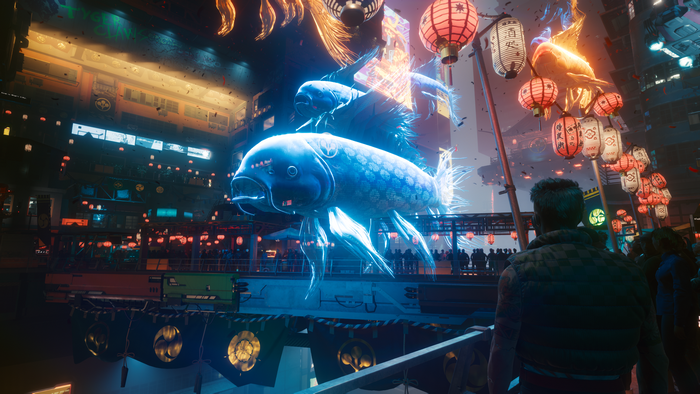Cyberpunk 2077 holographic fish and lanterns