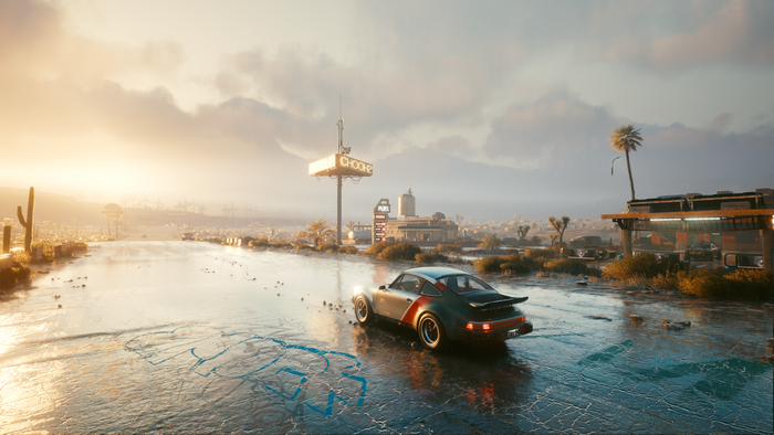 Porsche 911 in Cyberpunk 2077 desert landscape