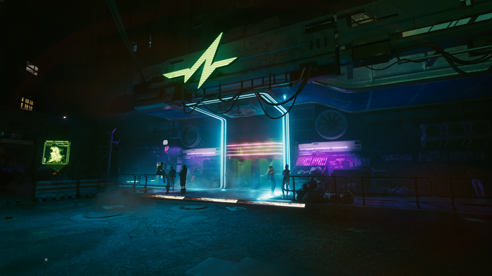 Cyberpunk 2077 neon-lit street entrance