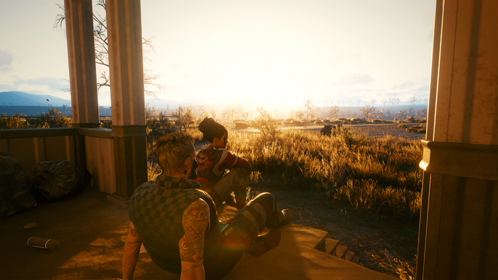 Panam Palmer from Cyberpunk 2077 sitting on a porch
