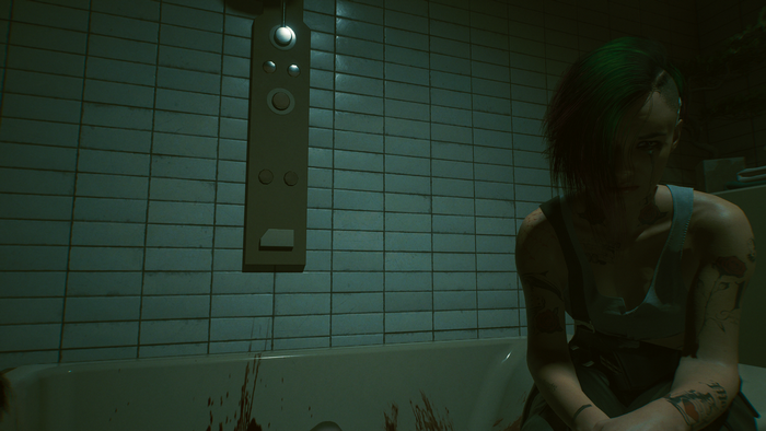 Judy Alvarez from Cyberpunk 2077 in a bathroom