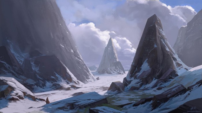 Digital art of a snowy mountain landscape