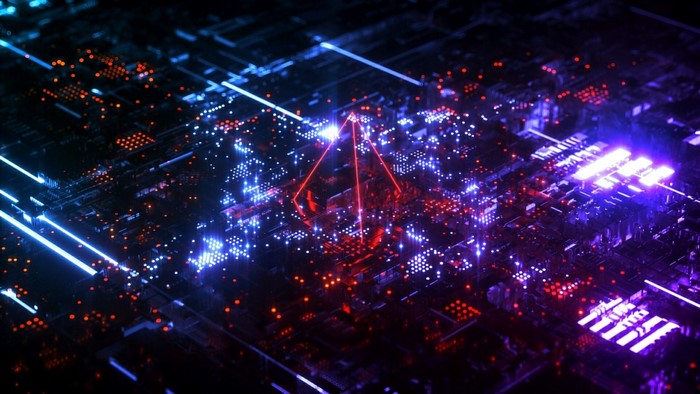 Abstract Neon Circuit Board with Red Pyramid