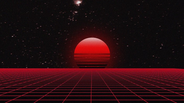 Red sun over a digital grid landscape