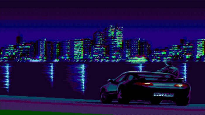 Pixel art Porsche 928 by a city skyline at night
