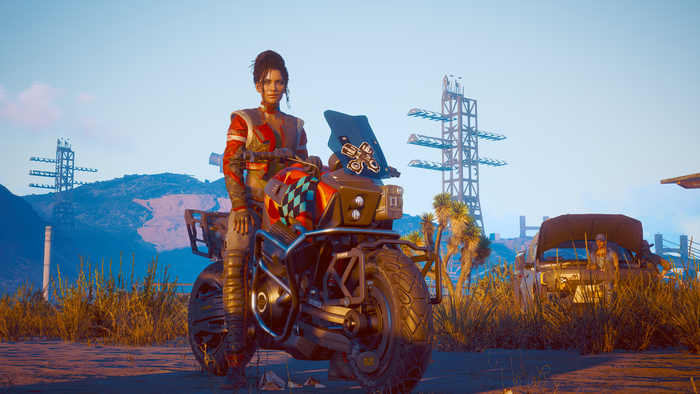Panam Palmer from Cyberpunk 2077 on a motorcycle