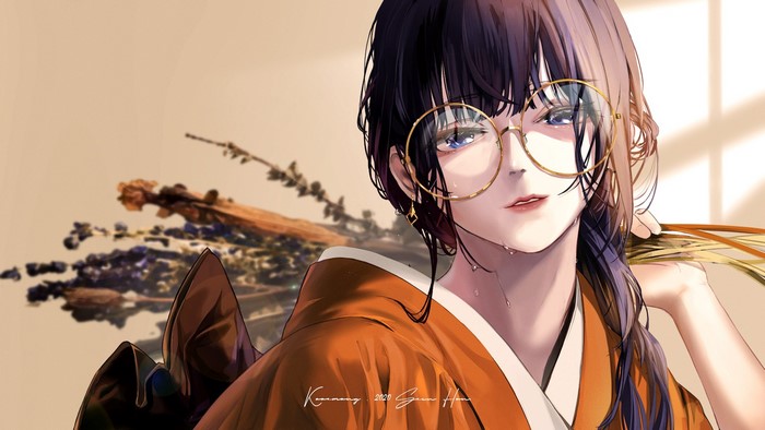 Woman with glasses and kimono holding flowers