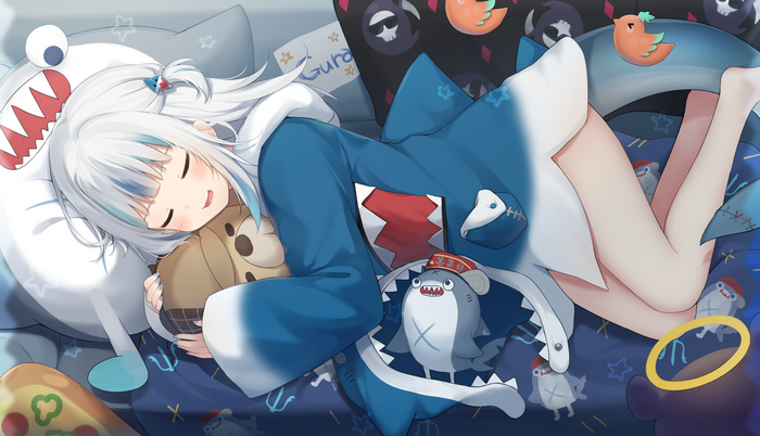 Gawr Gura sleeping with plushies
