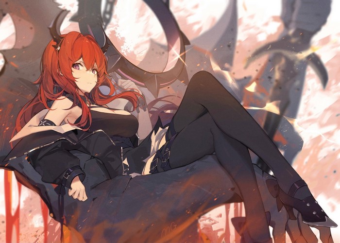 Surtr from Arknights sitting on a throne