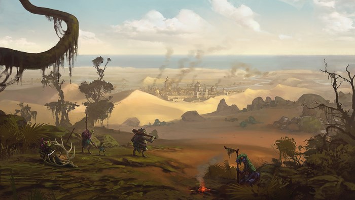 Songs of Conquest desert landscape with creatures and city
