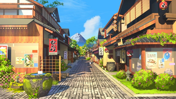 Street in a Japanese village with Mount Fuji in the background