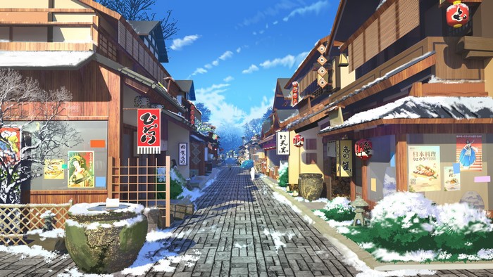 Snowy street in a Japanese village with traditional architecture