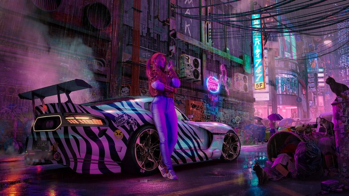 Cyberpunk street scene with a woman and a Dodge Viper