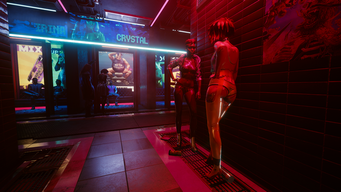 Cyberpunk 2077 neon street scene with characters