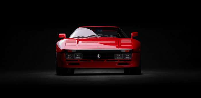 Ferrari 288 GTO frontal view on black background