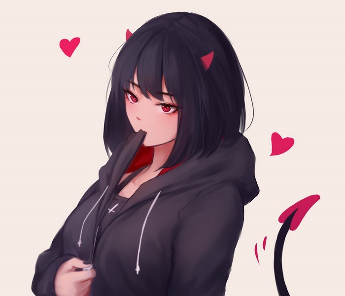 Anime demon girl with black hair and red eyes