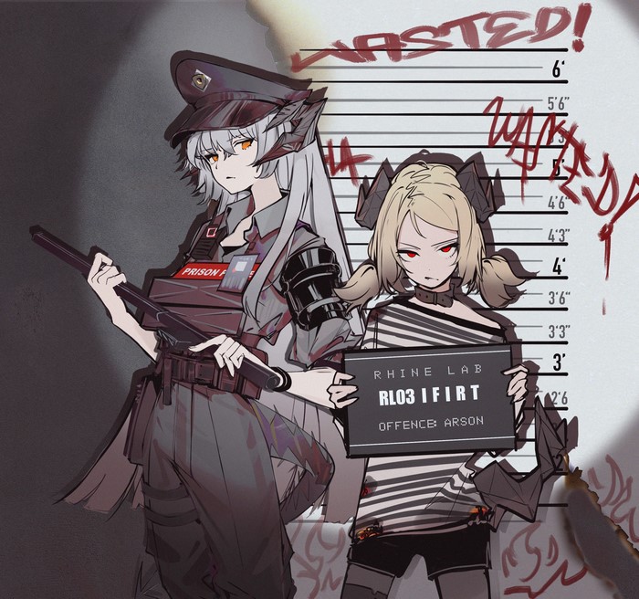 Arknights characters Ifrit and Saria in a police lineup