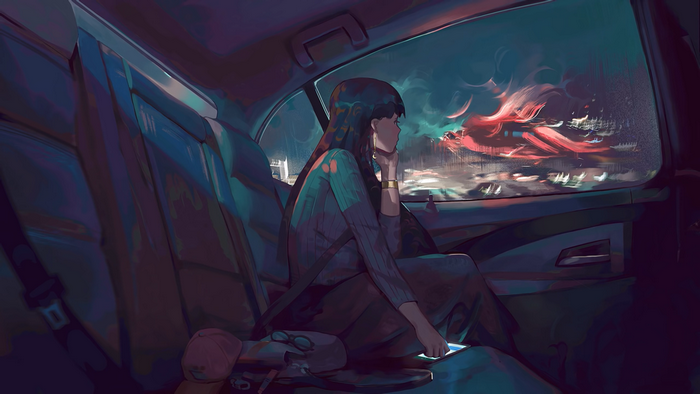 Woman in car looking out window at city lights
