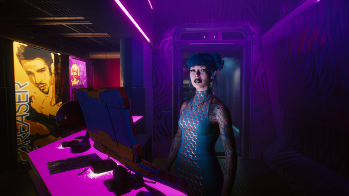Woman with blue hair in a blue dress in Cyberpunk 2077
