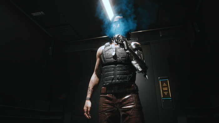 V from Cyberpunk 2077 in an elevator