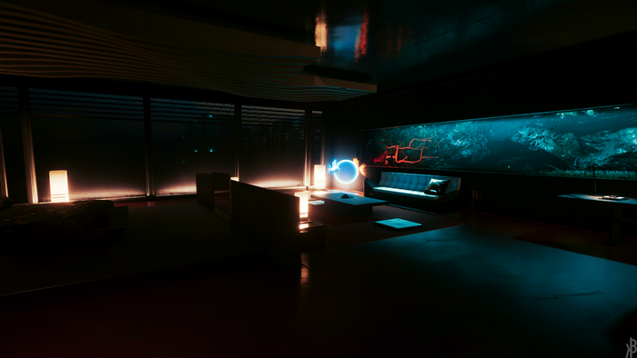 Cyberpunk 2077 interior with aquarium and neon lights