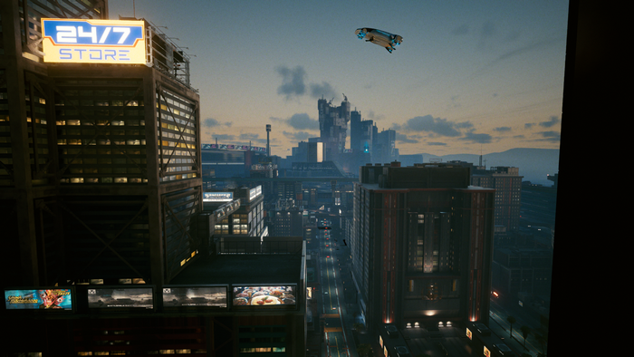 Cyberpunk 2077 cityscape with flying vehicle