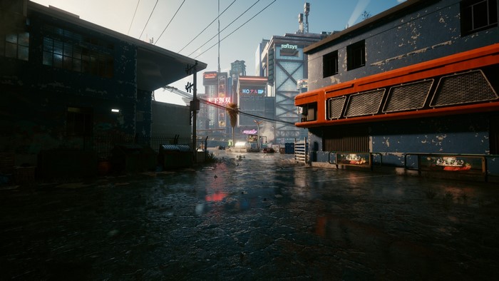 Cyberpunk 2077 street scene with neon signs
