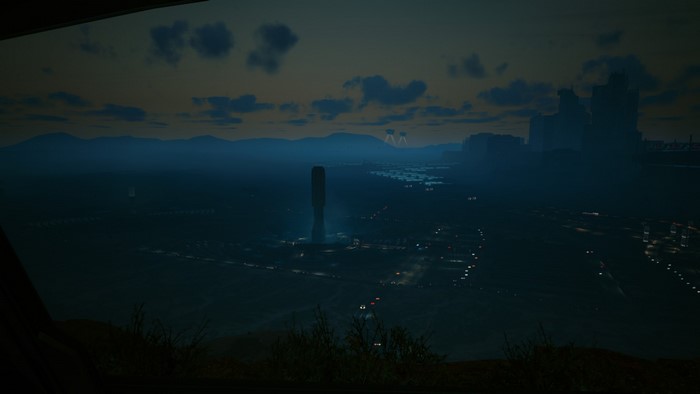 Cyberpunk 2077 cityscape at dusk