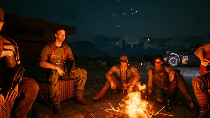 Cyberpunk 2077 group around a campfire at night
