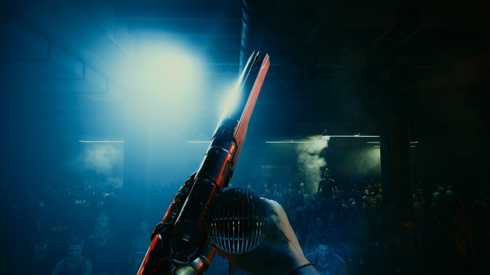 First-person view of a weapon in Cyberpunk 2077