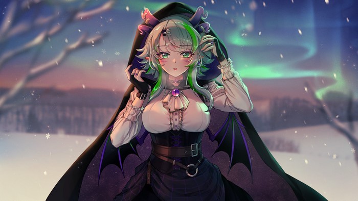 Demon girl with green hair and horns in snow
