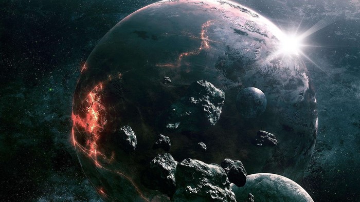 Planets and asteroids in space with a bright star