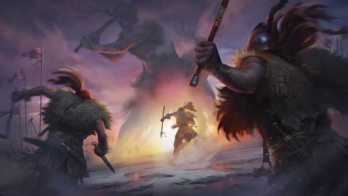 Vikings battling giant figures in a smoky landscape
