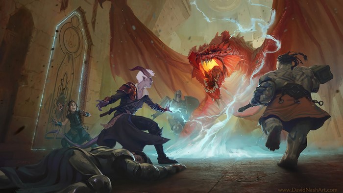 Dragon fight with adventurers in a temple