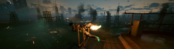 Man with flaming weapon in Cyberpunk 2077