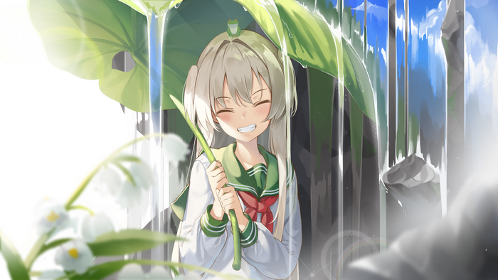 Anime girl with frog on head under leaf umbrella