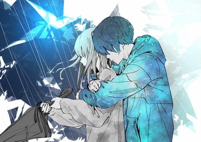 Couple hugging in the rain with umbrella