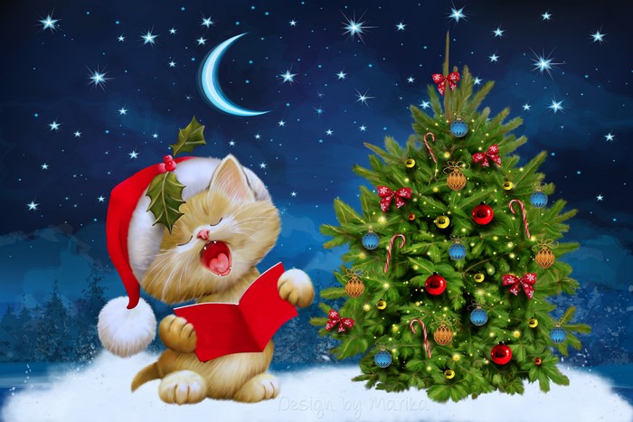 Kitten singing carols by a Christmas tree